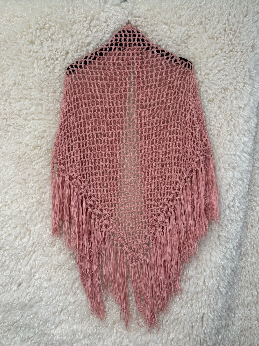 Vintage? Y2K Say What? Rose Pink Crochet Fringe Poncho Shawl